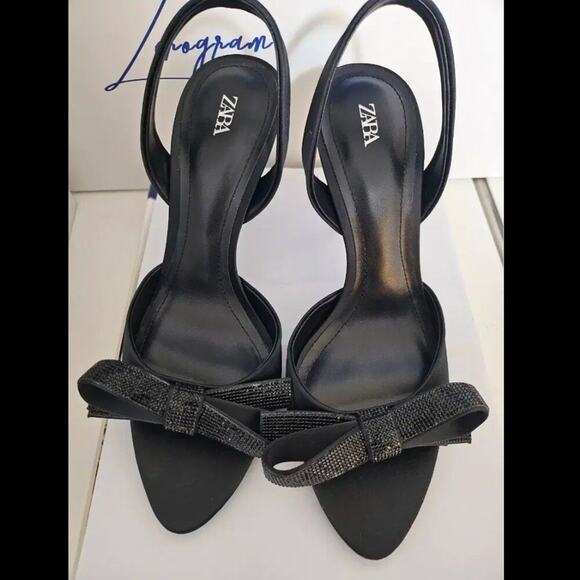 ZARA Embellished Slingback Bow Heels NWT — Size 8 Black Satin - Picture 5 of 16